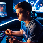** A focused esports player meditating in a gaming setup, surrounded by calming lighting and minimal distractions. The scene emphasizes mindfulness and mental preparation before a competition.

**